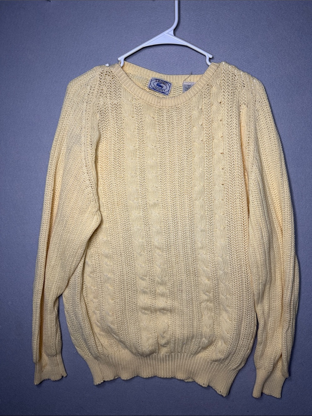 Lacoste IZOD vintage Pale Yellow Cable Knit Sweater 100% cotton